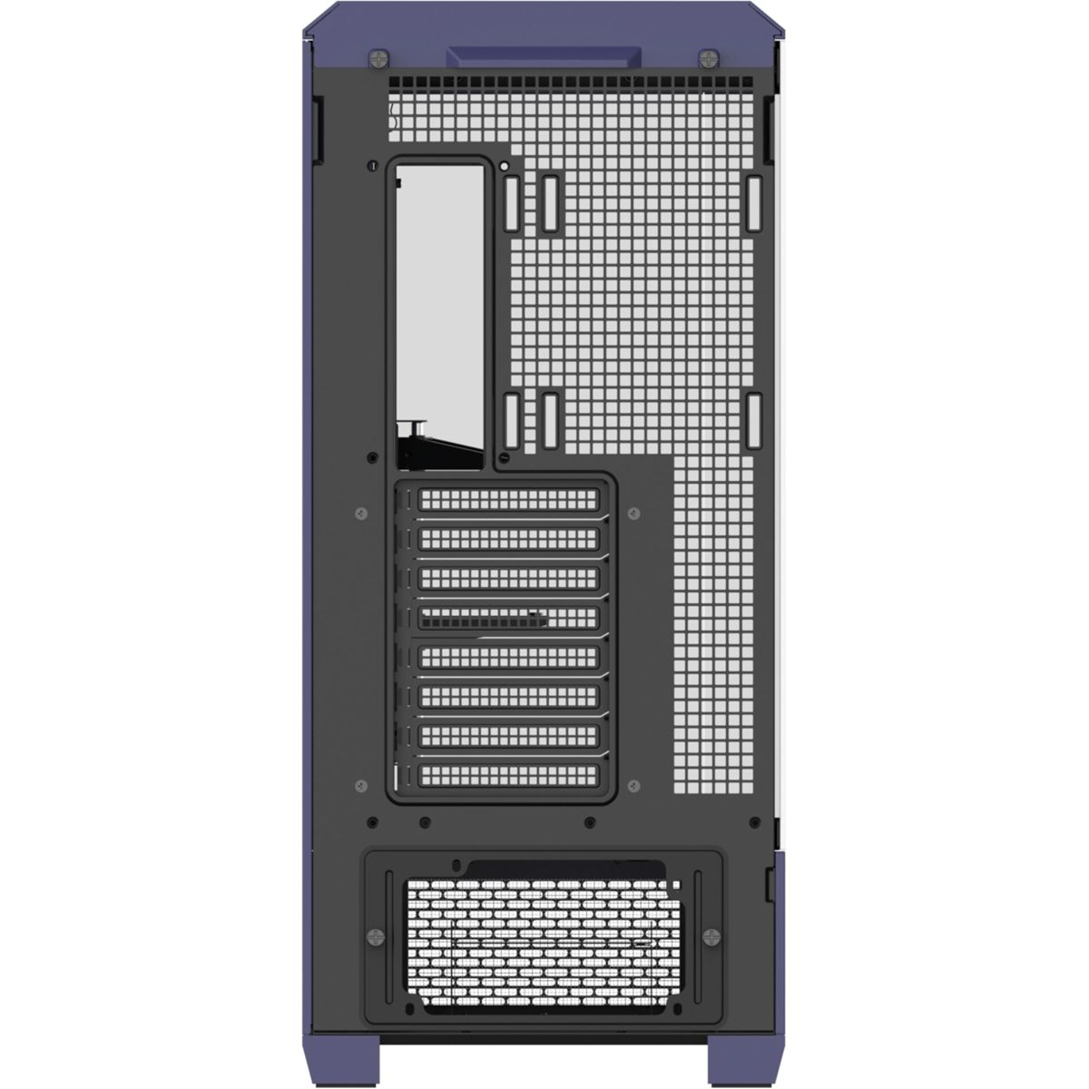 Rückansicht eines dunklen blauen Computergehäuses mit Lüftungsschlitzen und Anschlüssen.