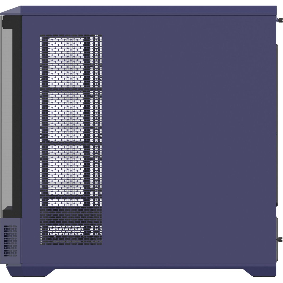 Dunkelblauer Computergehäuse mit Glasfront und Lüftungsgitter.