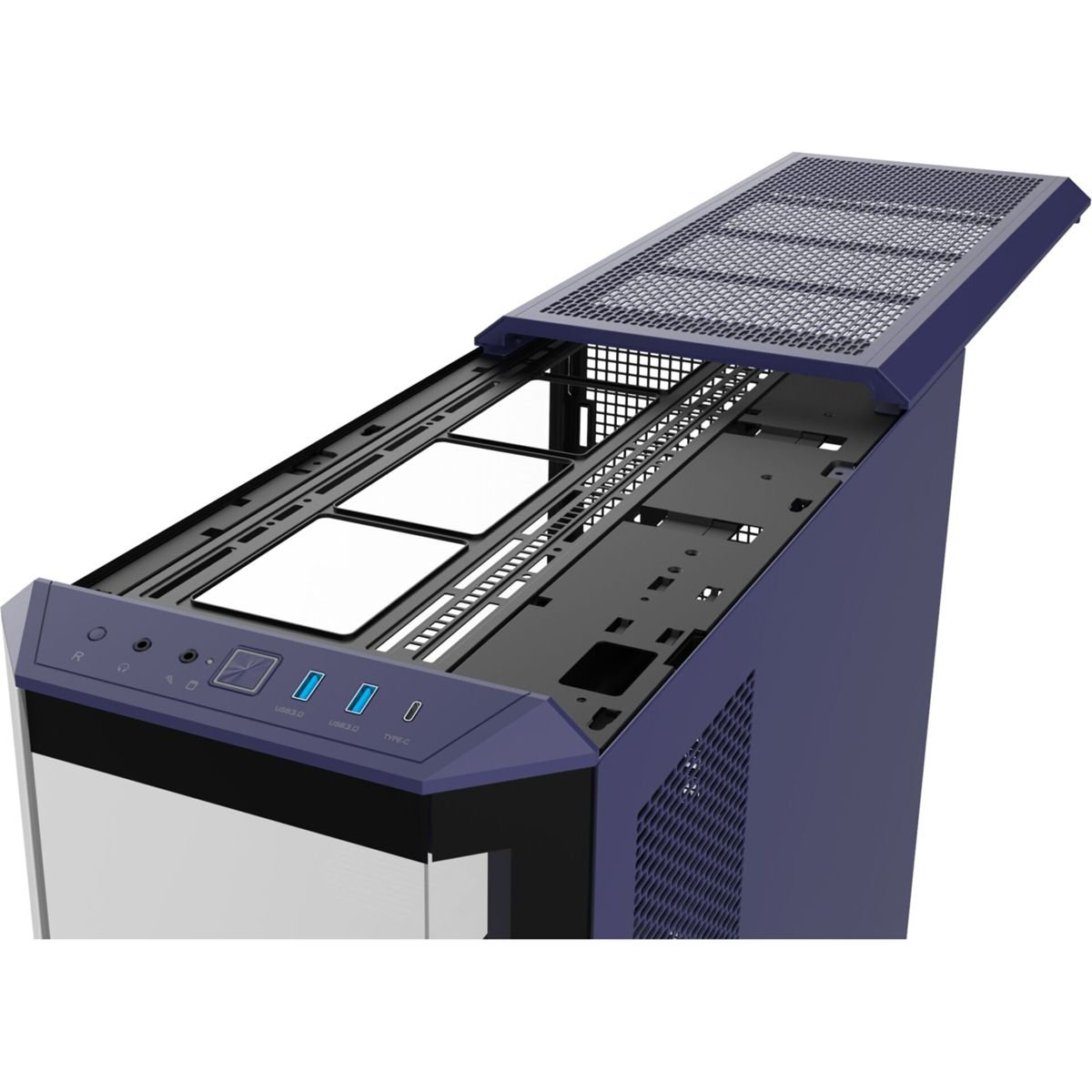 Ein blauer Computergehäuse mit einer oberen Netzabdeckung und Anschlüssen an der Vorderseite.