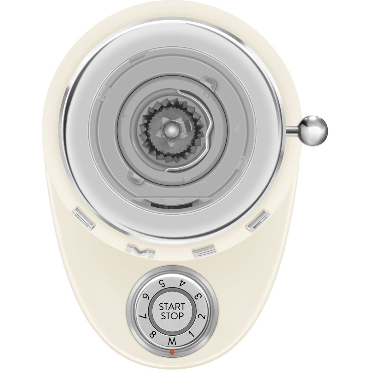 Vista superior de una batidora color crema con accesorio metálico y dial de velocidad.