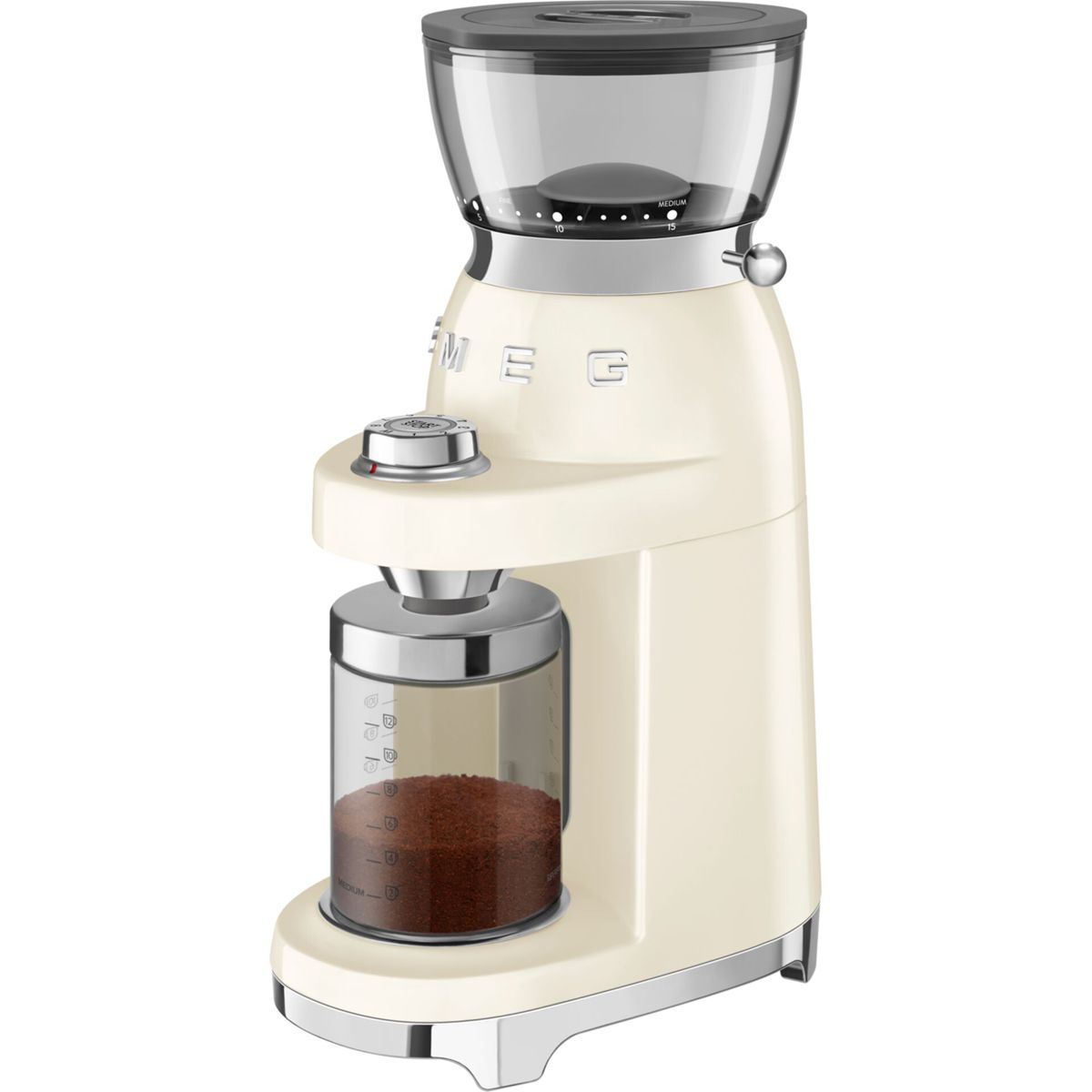 Un molinillo de café color crema con recipiente transparente y café molido.