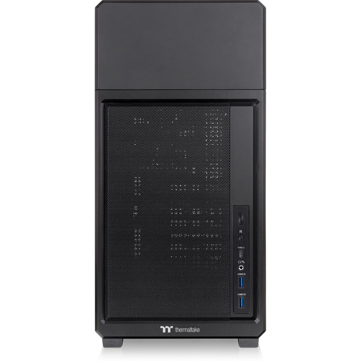 Schwarzer Computerturm mit Mesh-Frontplatte und USB-Anschlüssen auf der rechten Seite.