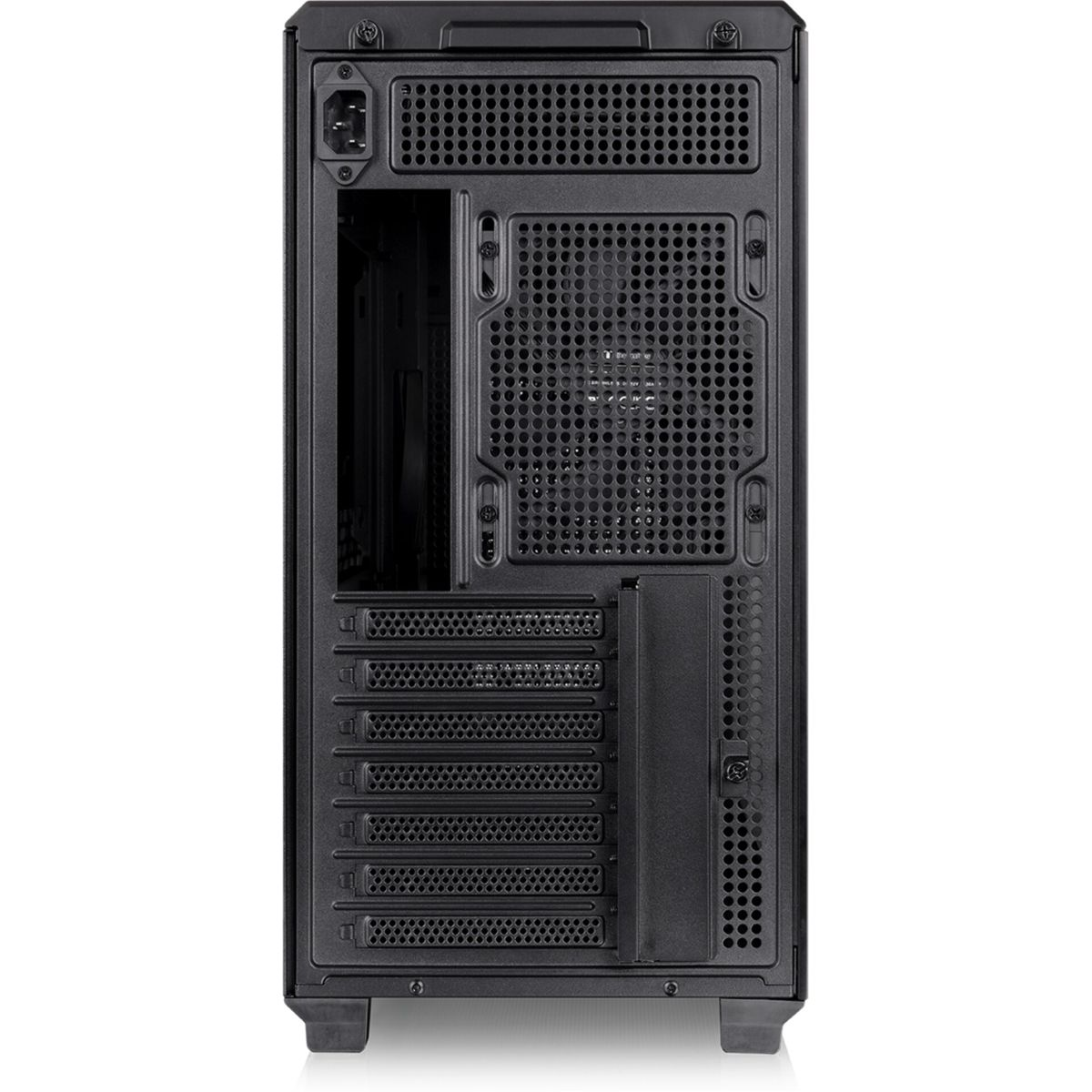 Rückansicht eines schwarzen Computer-Tower-Gehäuses mit mehreren Lüftungsschlitzen und Erweiterungssteckplätzen.