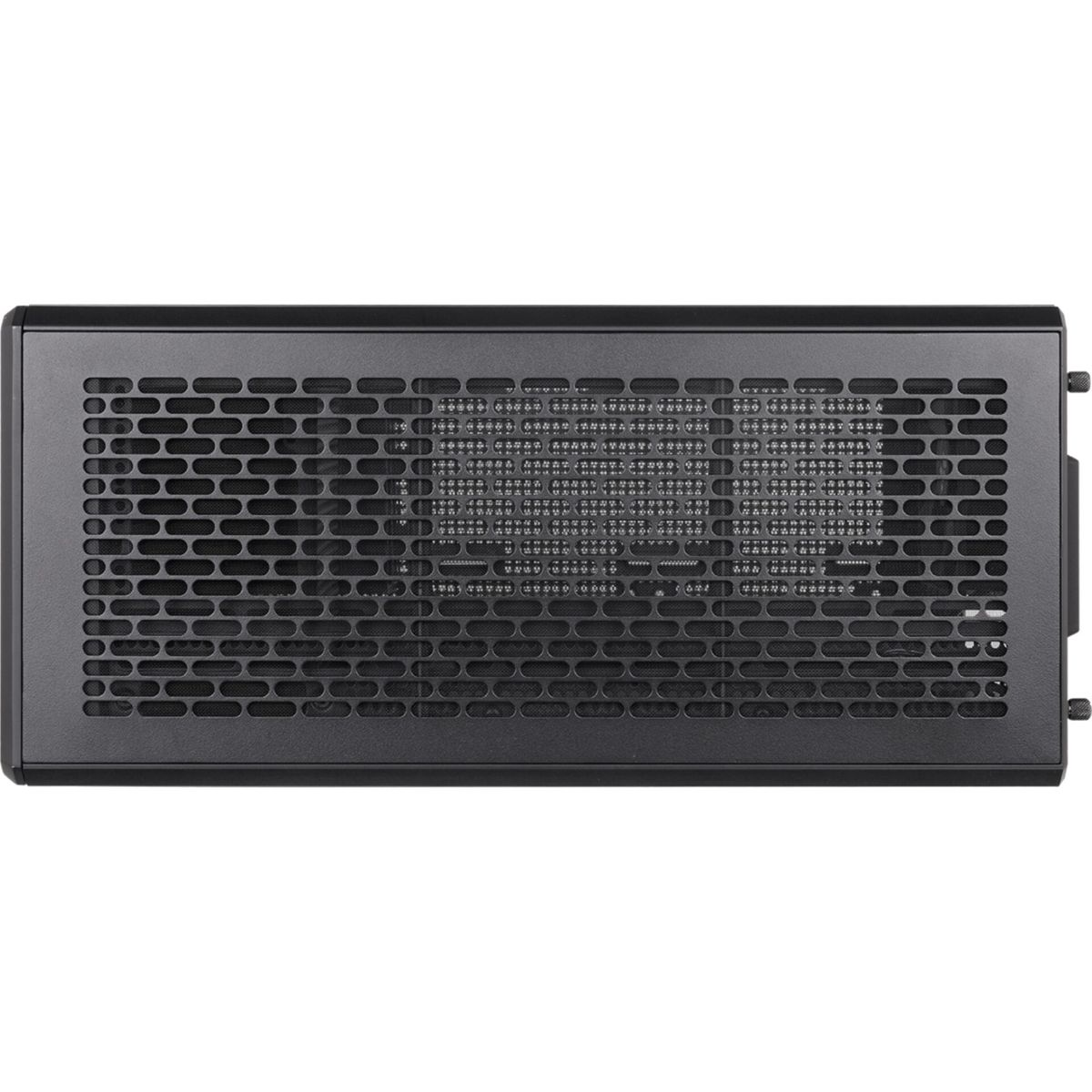 Schwarzes Computergehäuse mit perforierter Oberseite und seitlichen Lüftungsschlitzen.