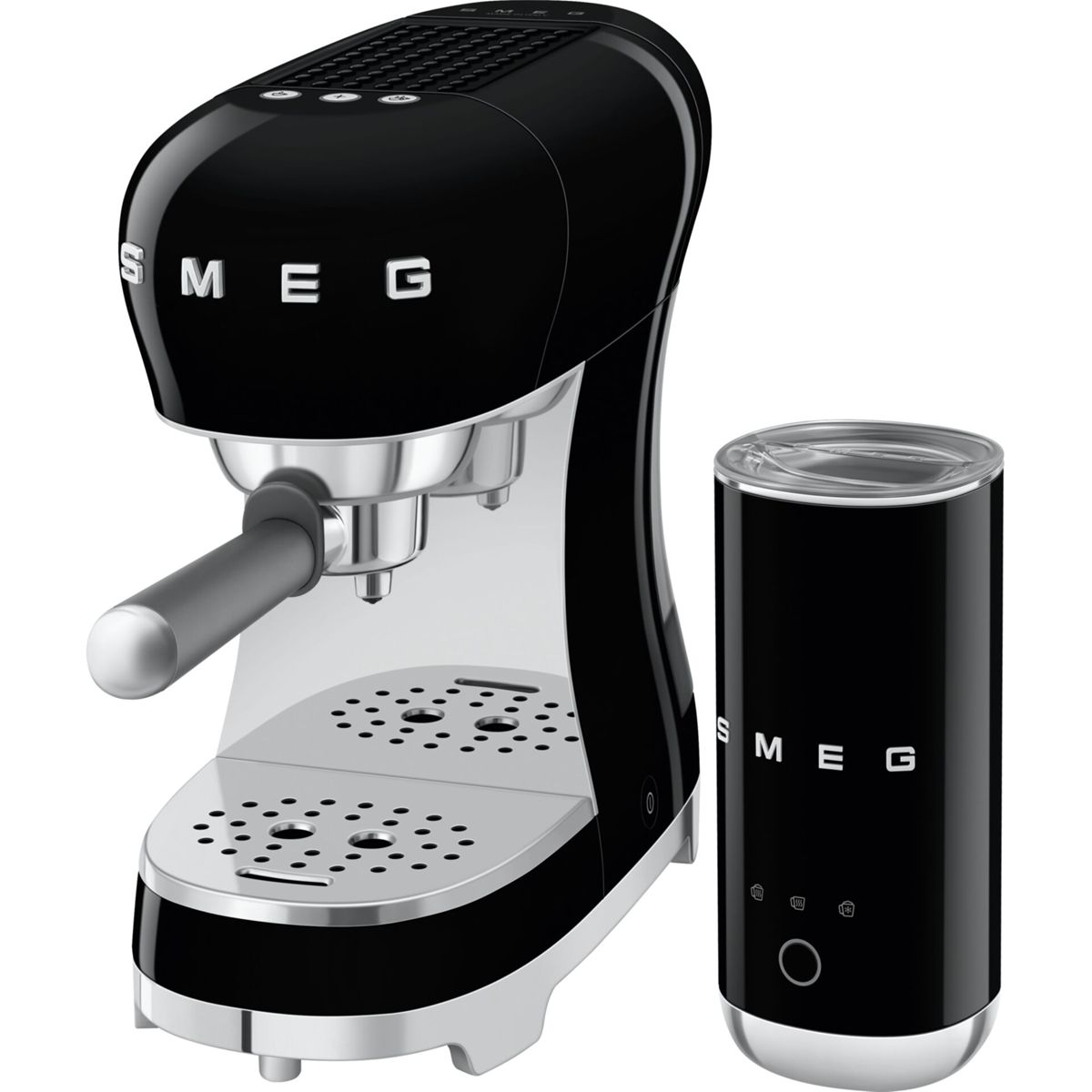 Siyah SMEG espresso makinesi süt köpürtücü ile, parlak yüzey.