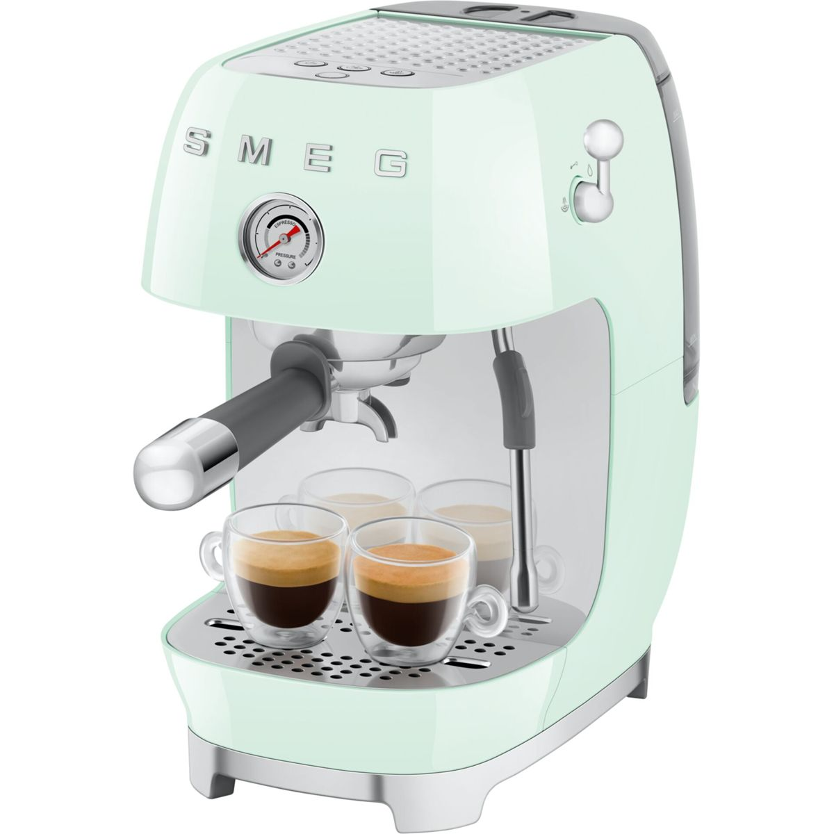 Eine hellgrüne Espressomaschine mit zwei Tassen Espresso und einem Manometer.