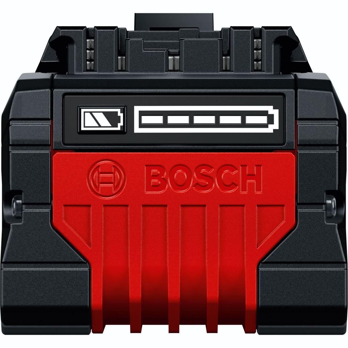 Schwarzer Akku mit rotem Bosch-Logo und Ladeanzeige.