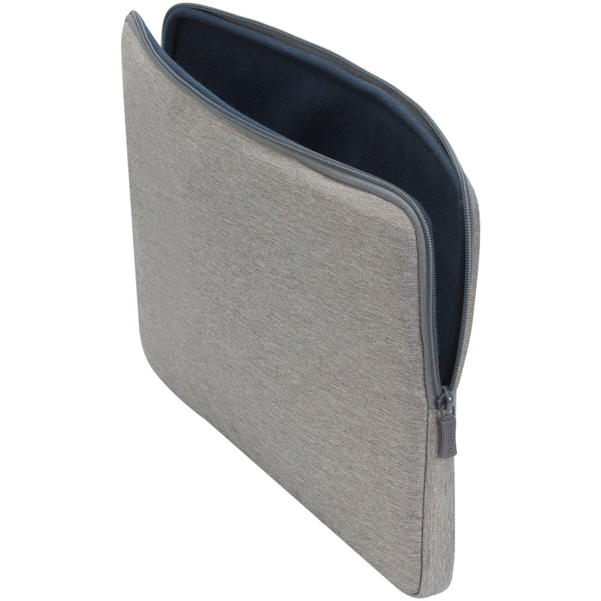 Funda gris para portátil con cremallera, forro interior azul oscuro.