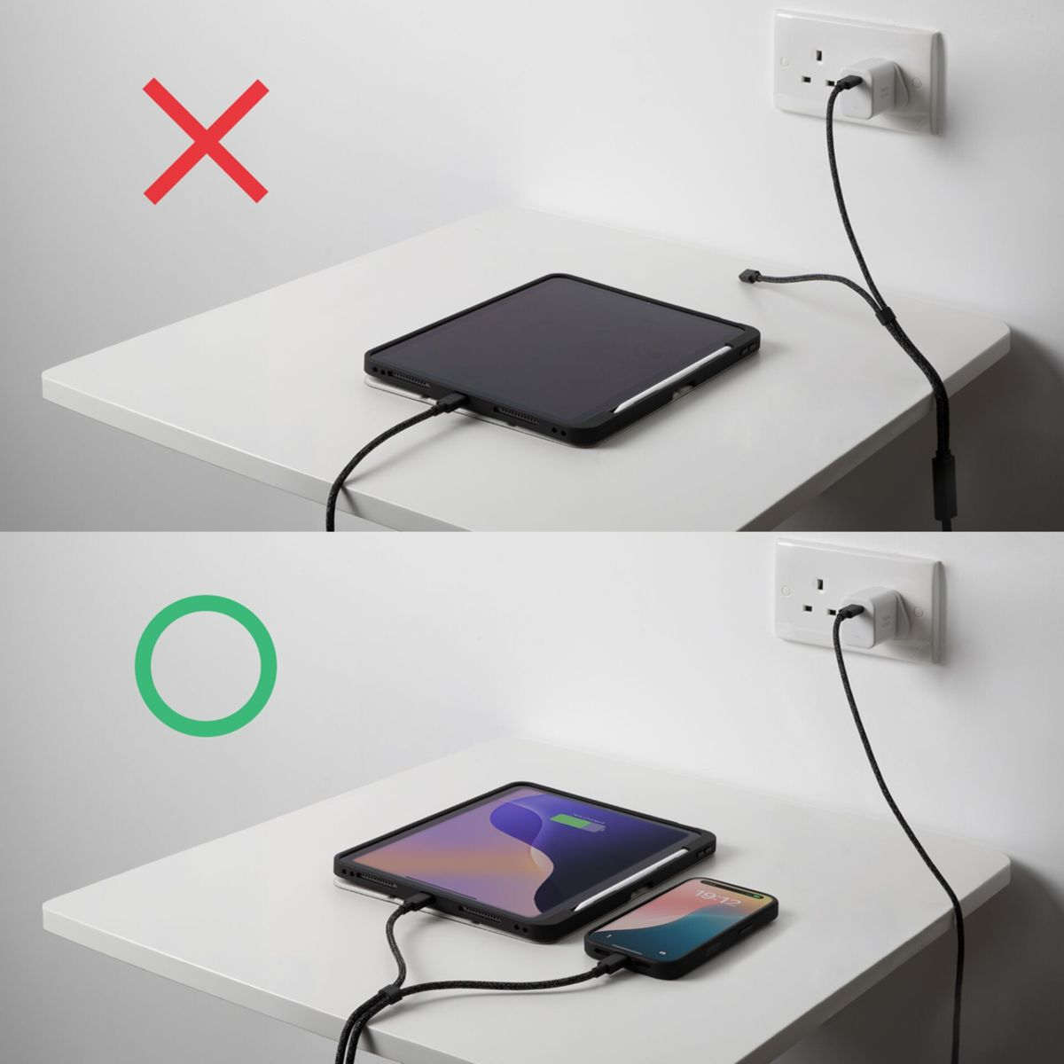 Oben: Tablet lädt nicht, mit rotem X. Unten: Tablet und Handy laden, mit grünem Kreis.