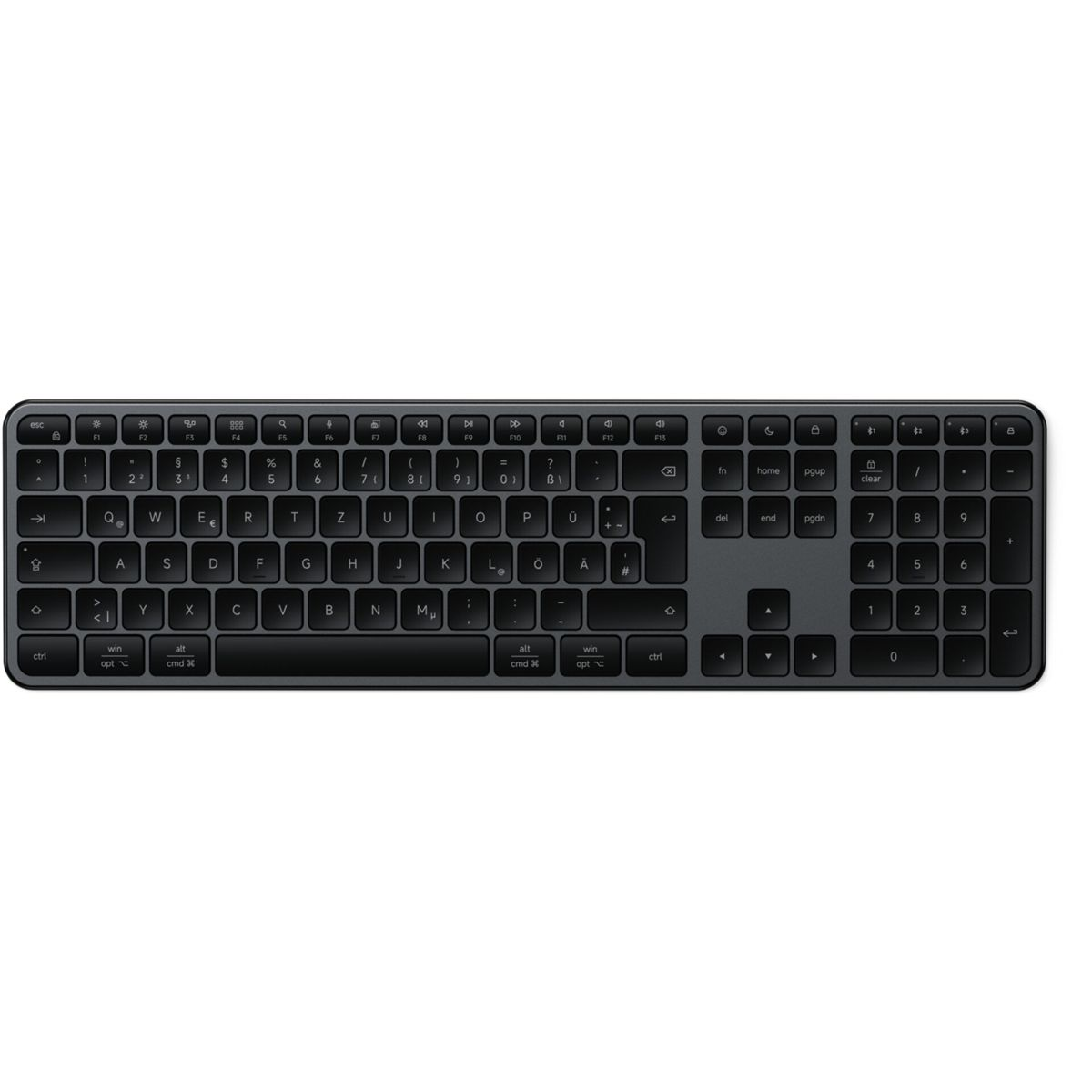 Eine dunkle Tastatur mit QWERTZ-Layout und Nummernblock.
