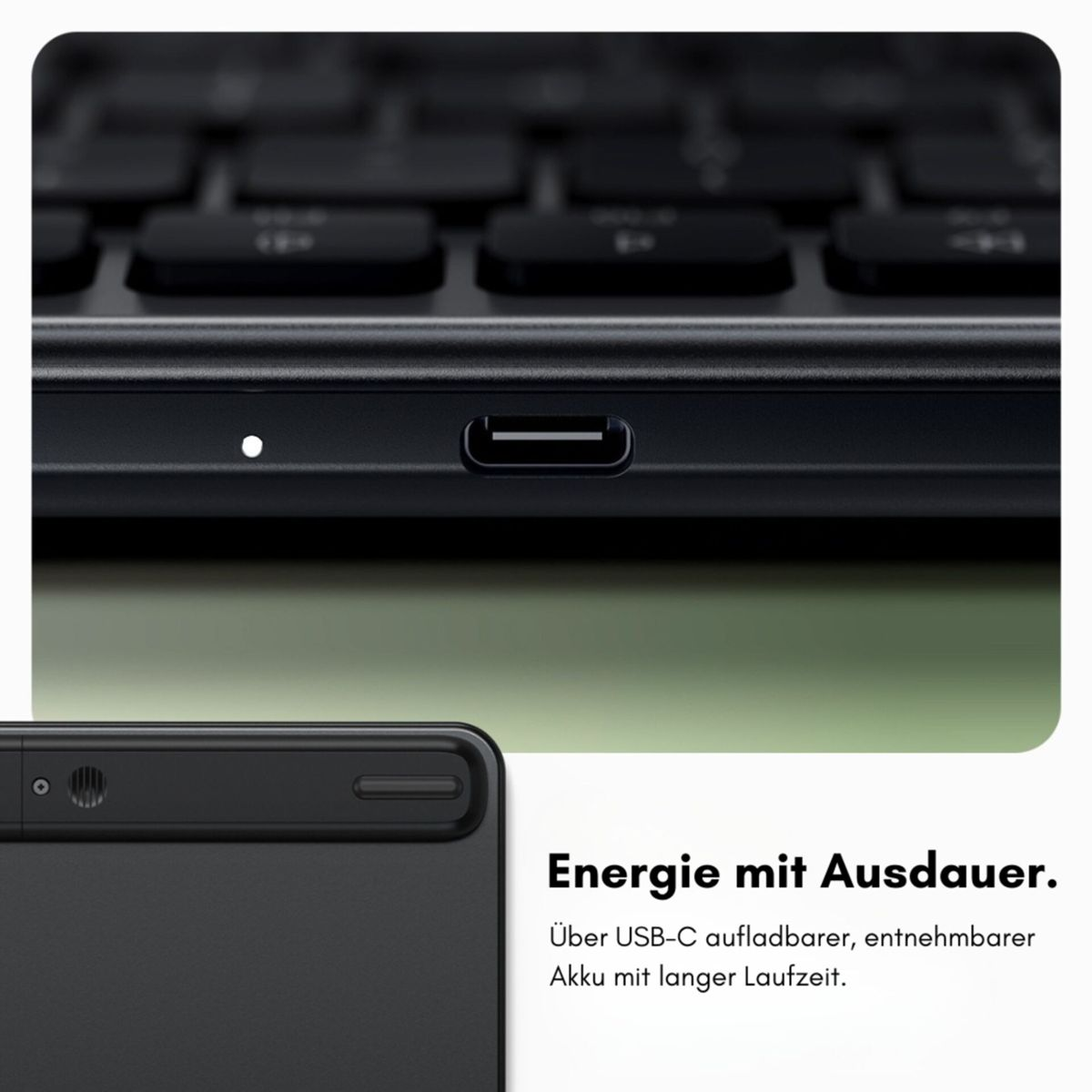 Nahaufnahme einer schwarzen Tastatur und eines USB-C-Anschlusses an einem Gerät.