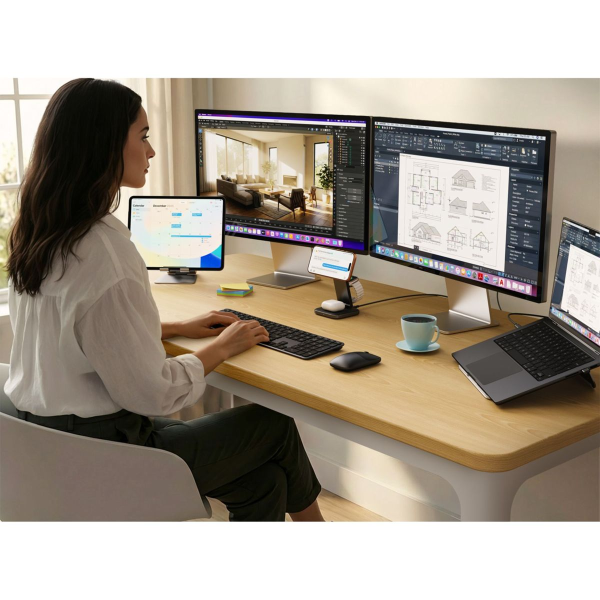 Eine Frau sitzt an einem Schreibtisch mit drei Monitoren, Tastatur, Maus, Telefon und Laptop.