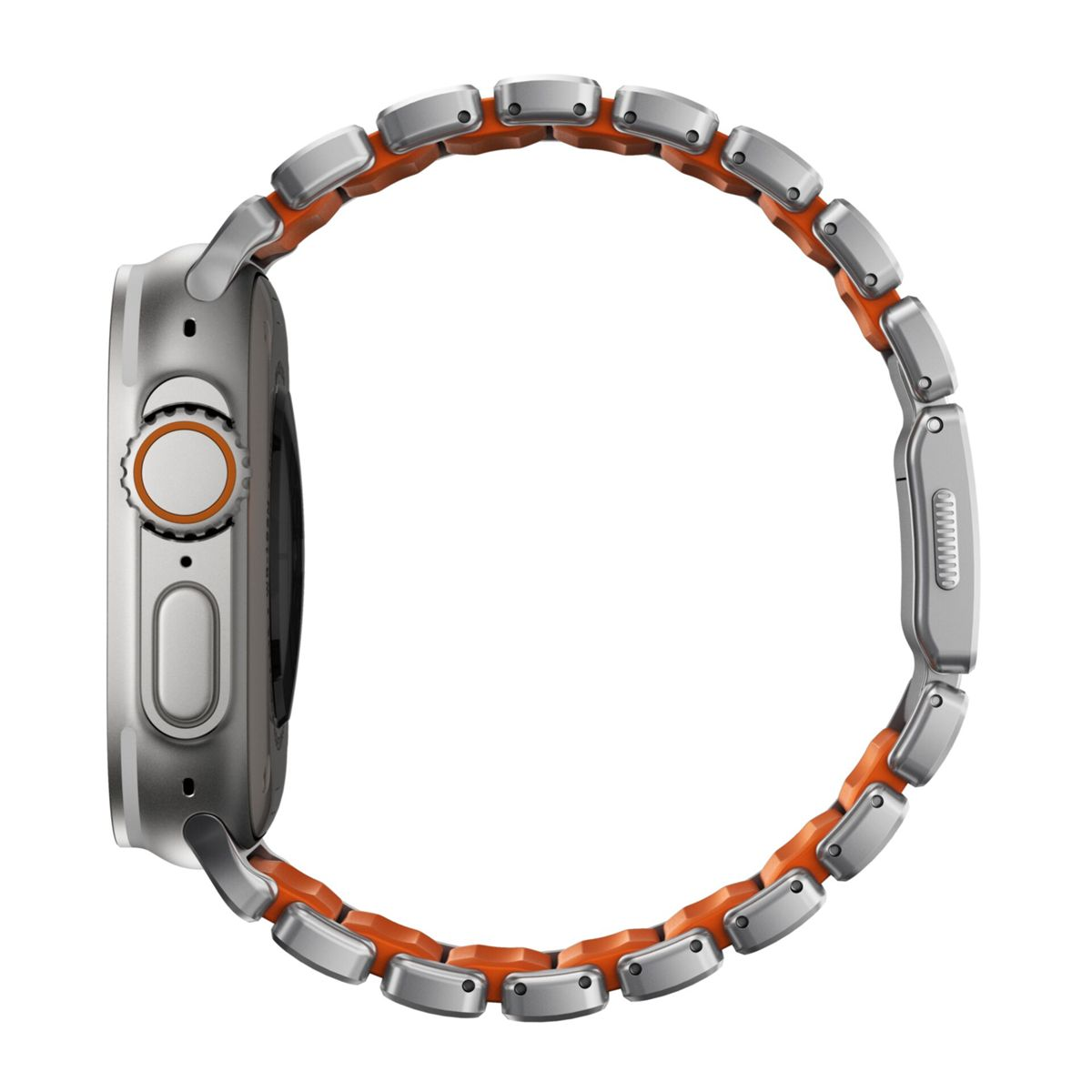 Reloj inteligente gris con correa naranja y eslabones plateados.