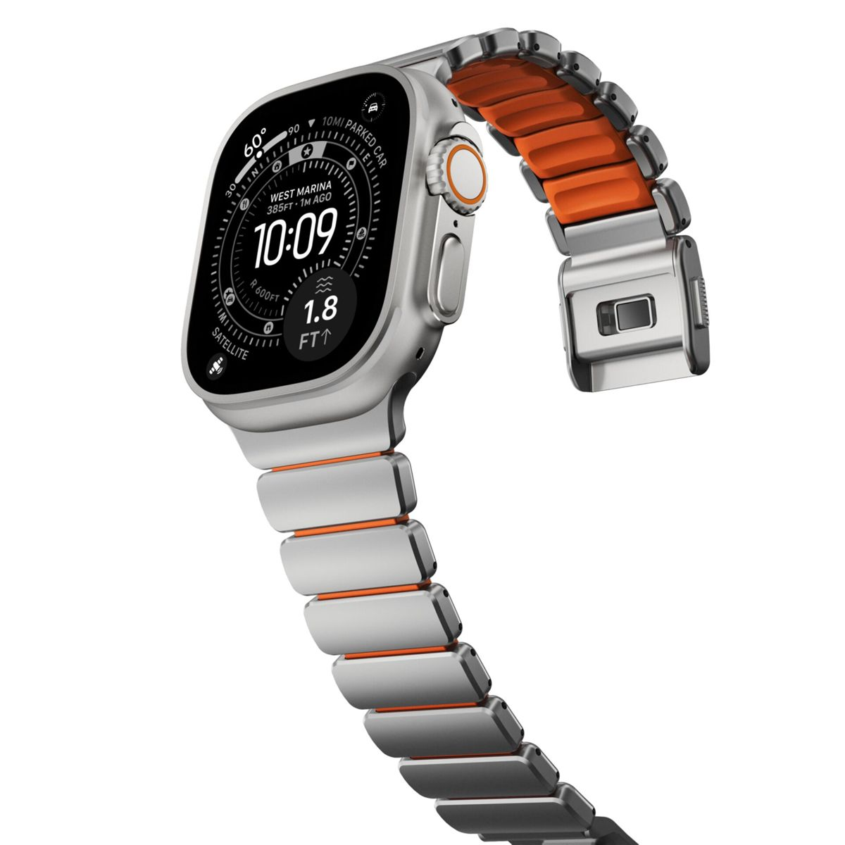 Reloj inteligente plateado con correa naranja y pantalla digital.