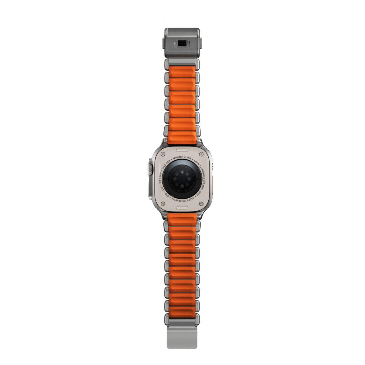 Un reloj inteligente con correa naranja y caja plateada.