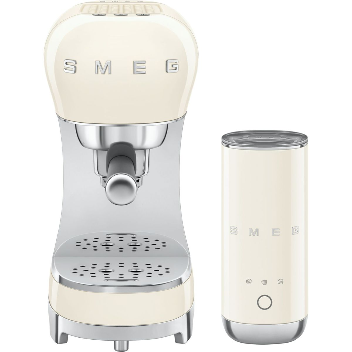 Krem rengi SMEG espresso makinesi süt köpürtücü ile. Parlak kaplama.