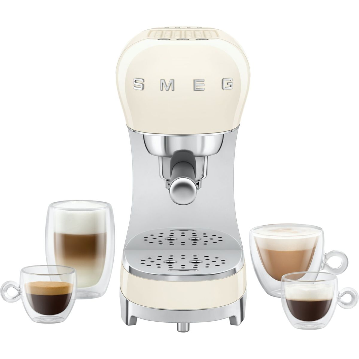 Gümüş aksanlı krem renkli espresso makinesi, dört kahve içeceği ile çevrili.
