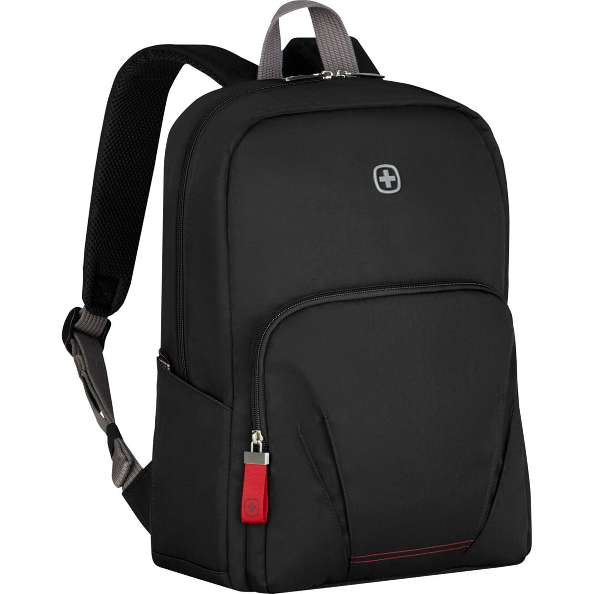 Schwarzer Rucksack mit gepolsterten Trägern und einem roten Reißverschluss-Anhänger.