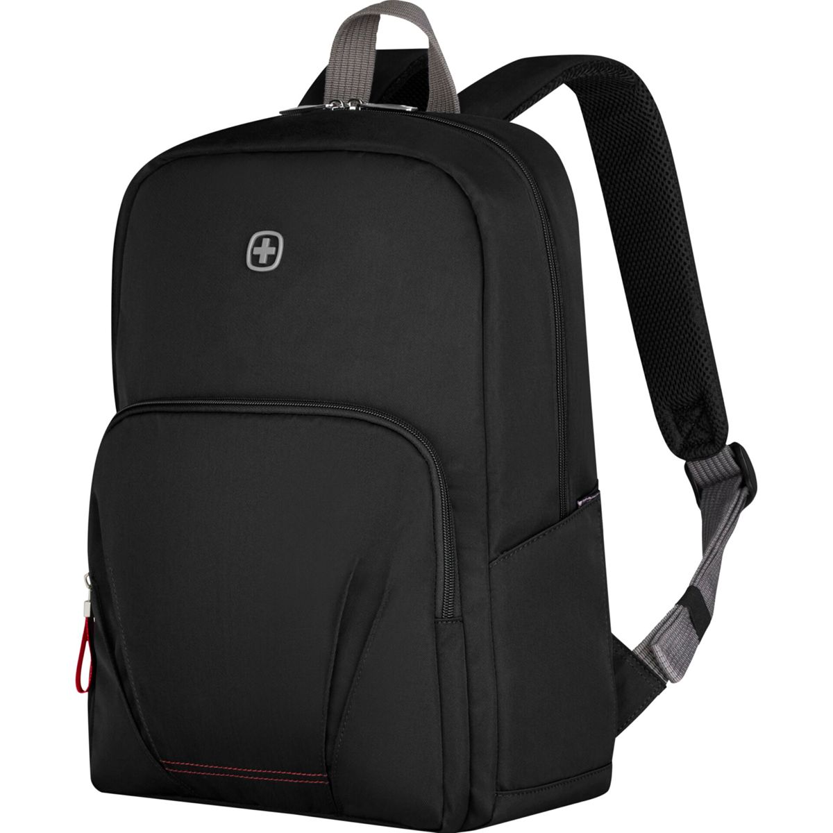 Schwarzer Rucksack mit einem silbernen Kreuz-Logo, grauen Trägern und rotem Reißverschluss.