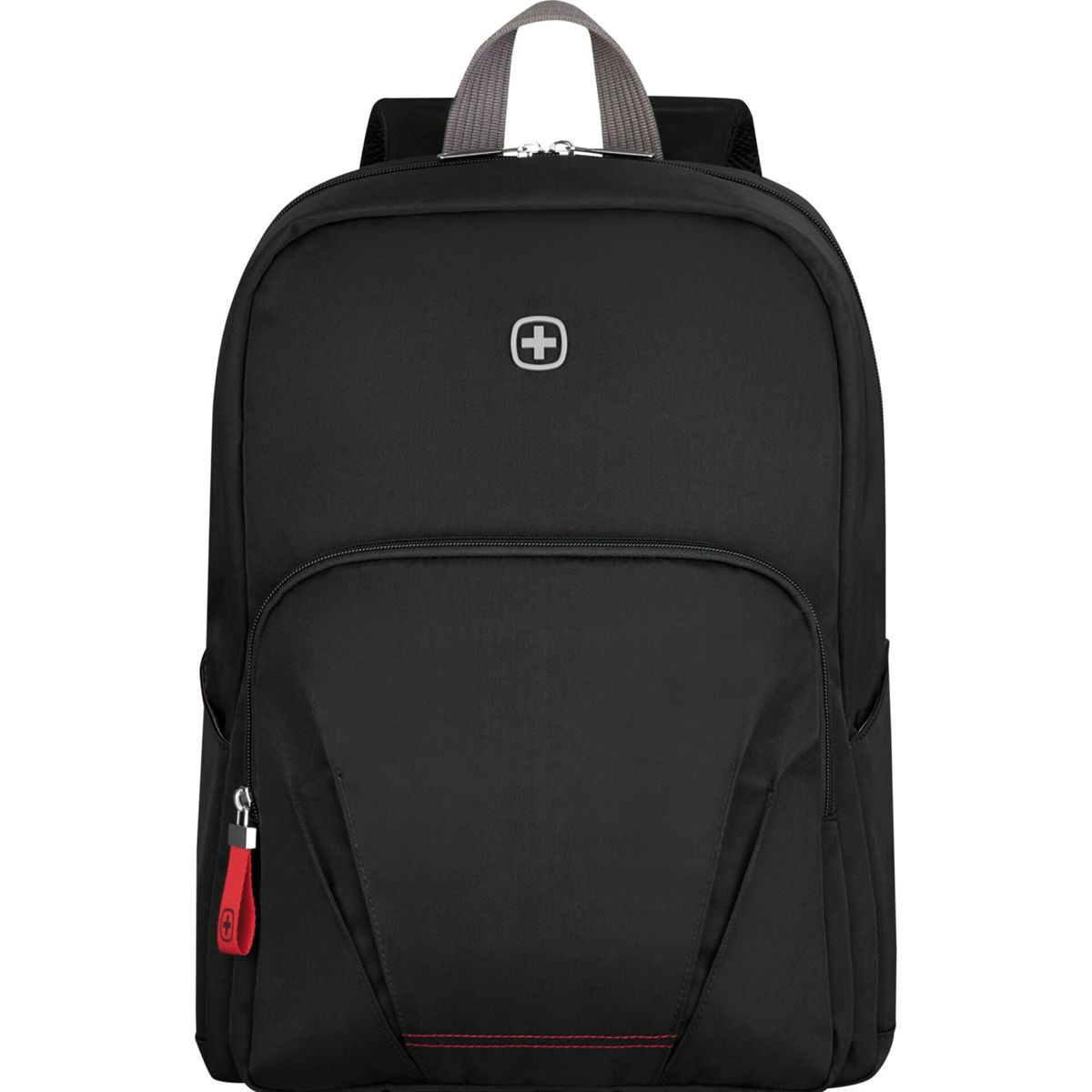 Schwarzer Rucksack mit silbernem Logo und rotem Reißverschlussanhänger.