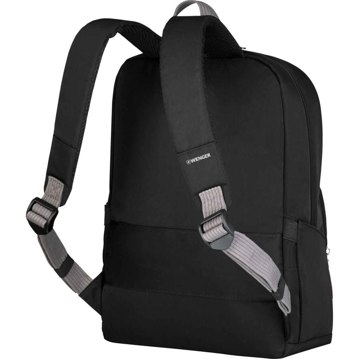 Schwarzer Rucksack mit grauen Trägern und Wenger-Logo.
