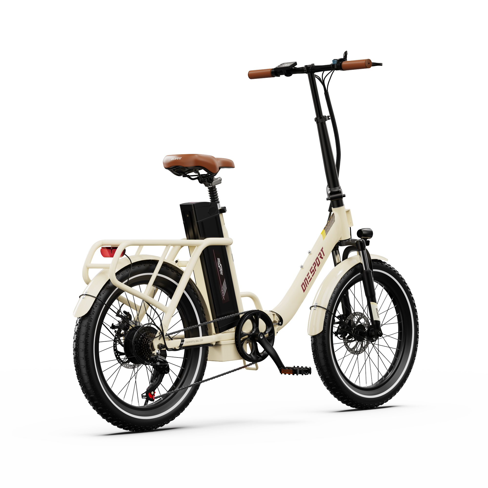 Una bicicleta eléctrica plegable color crema con asiento y manillar marrones.