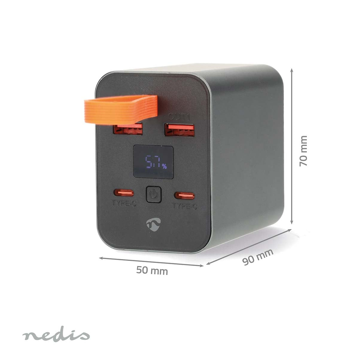 Power bank nero con anello arancione, porte USB e display 51% batteria. Dimensioni.