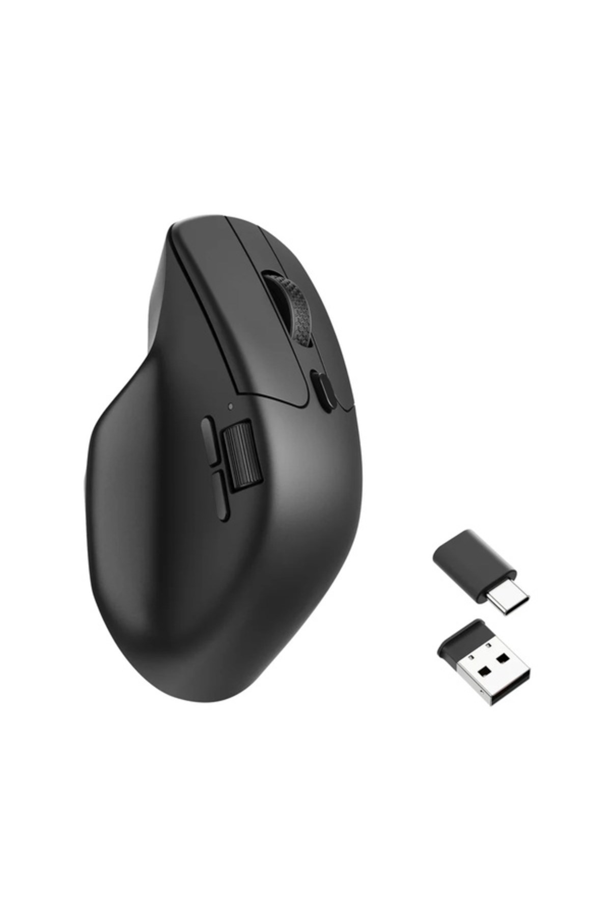 USB-C ve USB-A dongle'lı siyah dikey fare