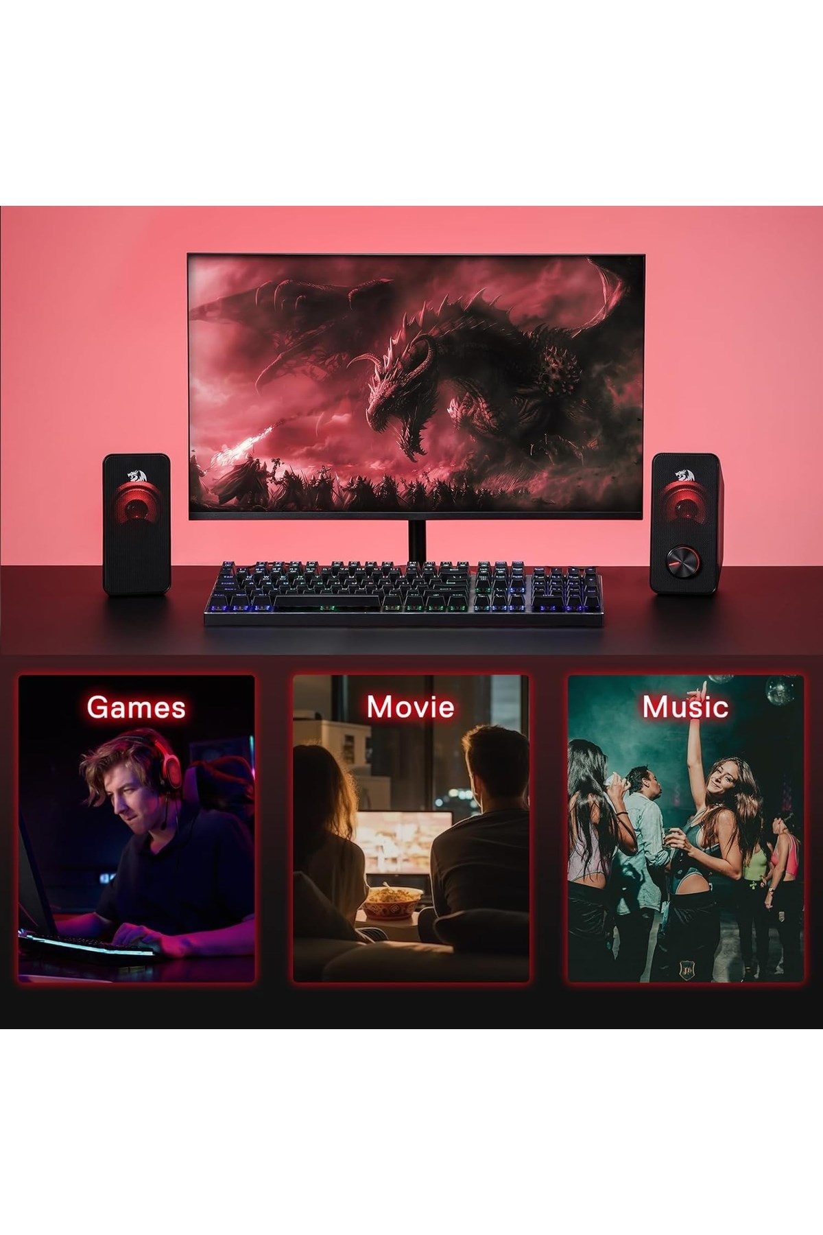 Ejderha ekranı, klavye, hoparlörler ve üç sahne içeren bir oyun kurulumu: oyun, film, müzik.