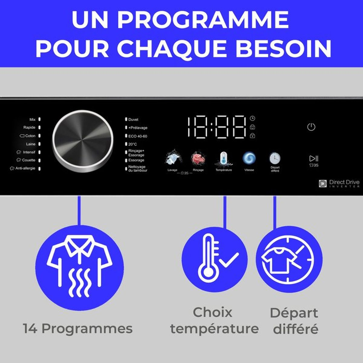 Moderne Waschmaschine mit digitaler Anzeige und Programmauswahl.