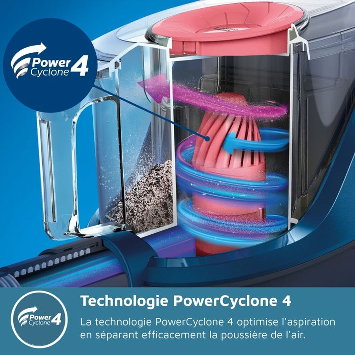 Doorkijk van een stofzuigerbak met Power Cyclone 4 technologie die stof scheidt.