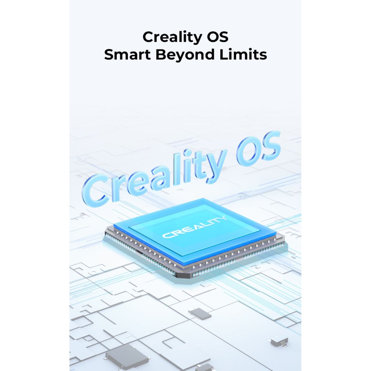 Una CPU blu con logo CREALITY su un circuito stilizzato.