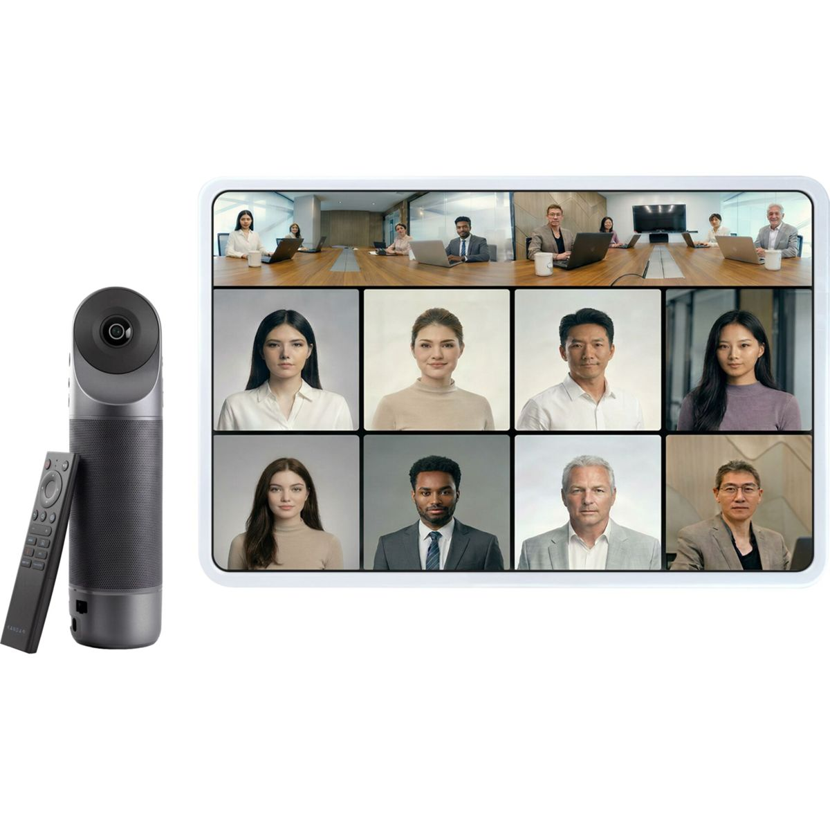 Ein grauer Videokonferenzlautsprecher mit Fernbedienung neben einem Monitor, der 9 Personen zeigt.