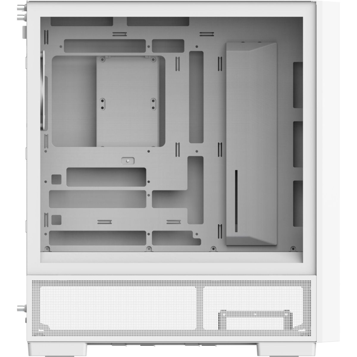 Innenansicht eines weißen Computergehäuses mit detaillierter Metallstruktur.