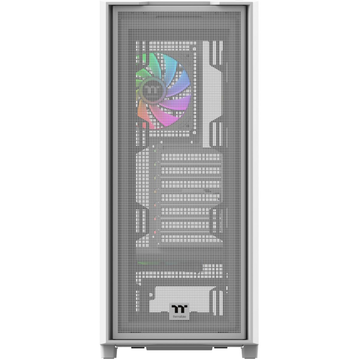Ein weier PC-Gehäuse mit RGB-Lüfter und Netzteilabdeckung.
