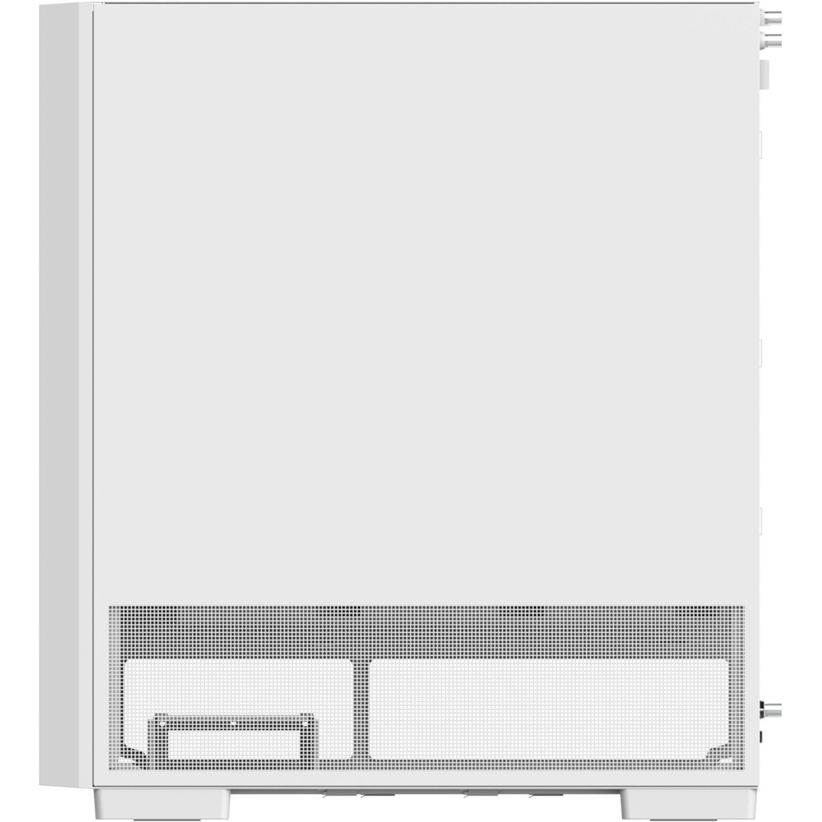 Weiße Computerturm-Seitenansicht mit Lüftungsschlitzen unten.