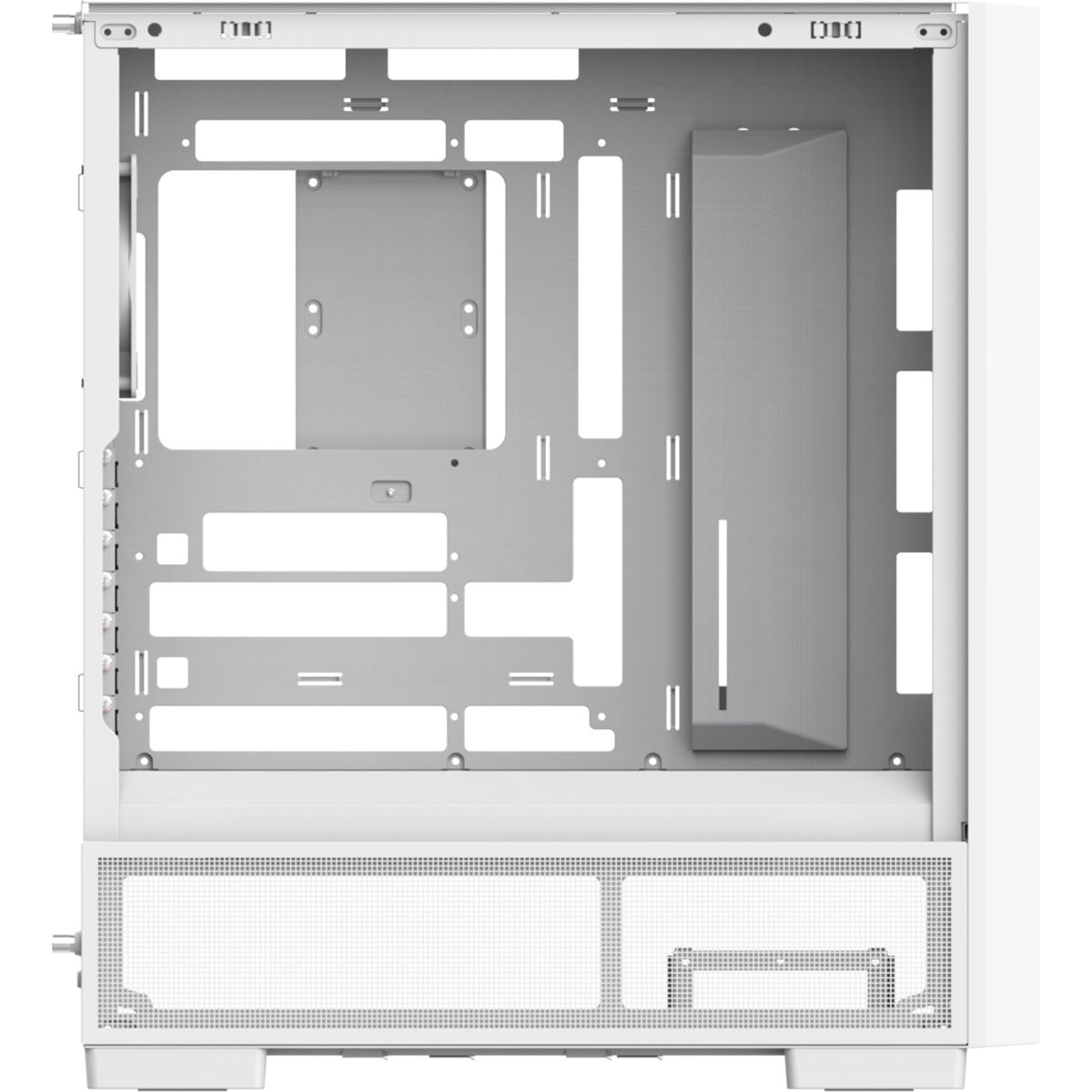 Weißes PC-Gehäuse-Innere mit Motherboard-Halterungen und Lüftungsschlitzen.