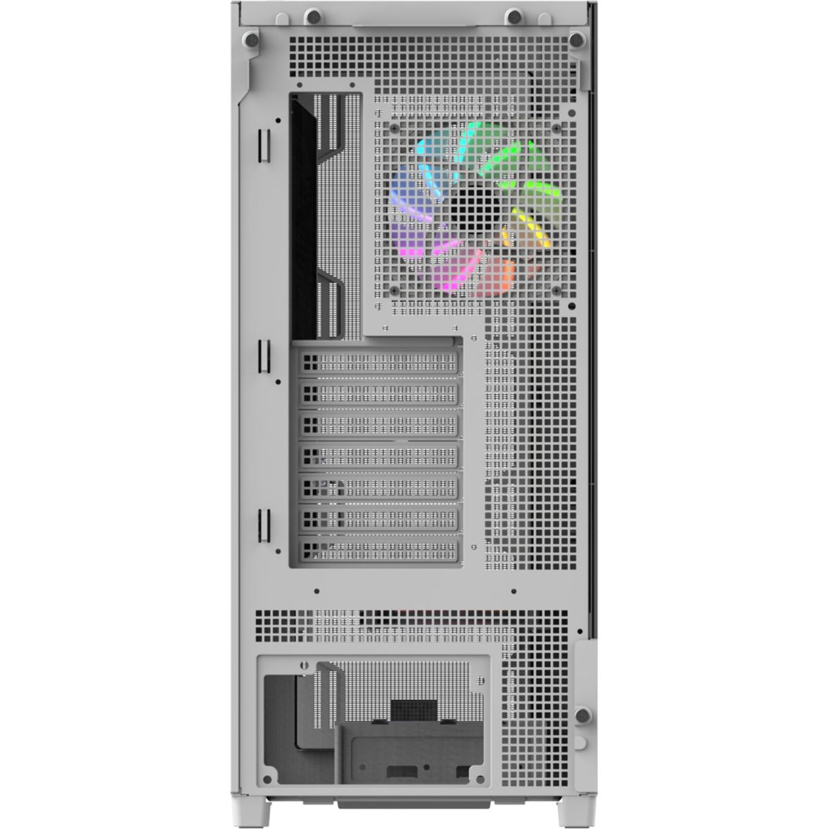 Rückseite eines weißen Computergehäuses mit Lüfter und Steckplätzen.