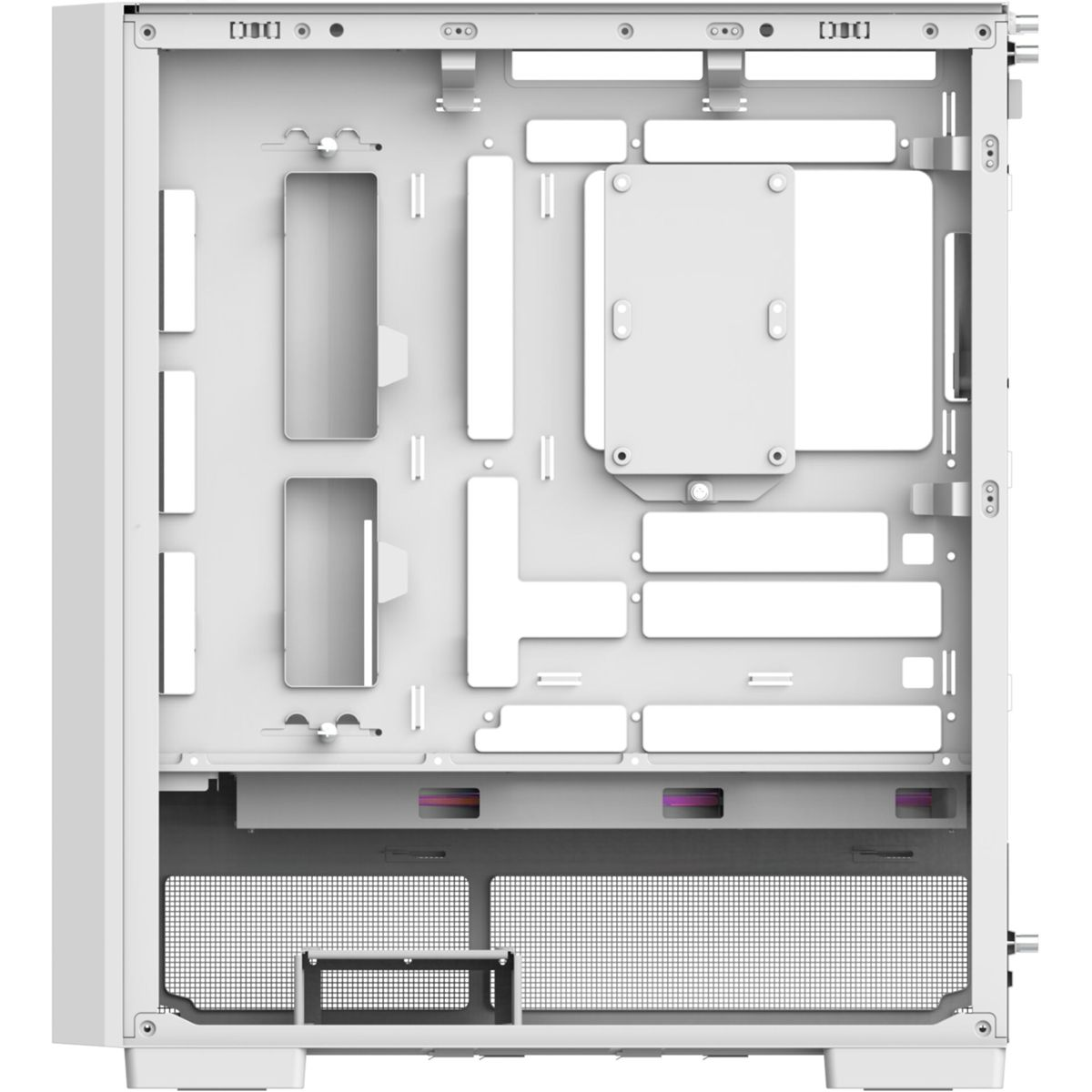 Weißes Computergehäuse-Interieur mit Befestigungspunkten und Mesh-Boden.