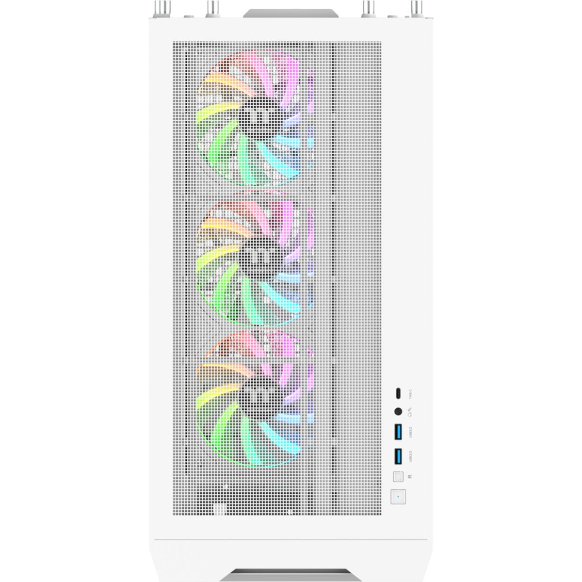 Weier Computerturm mit drei RGB-Lftern an der Vorderseite.