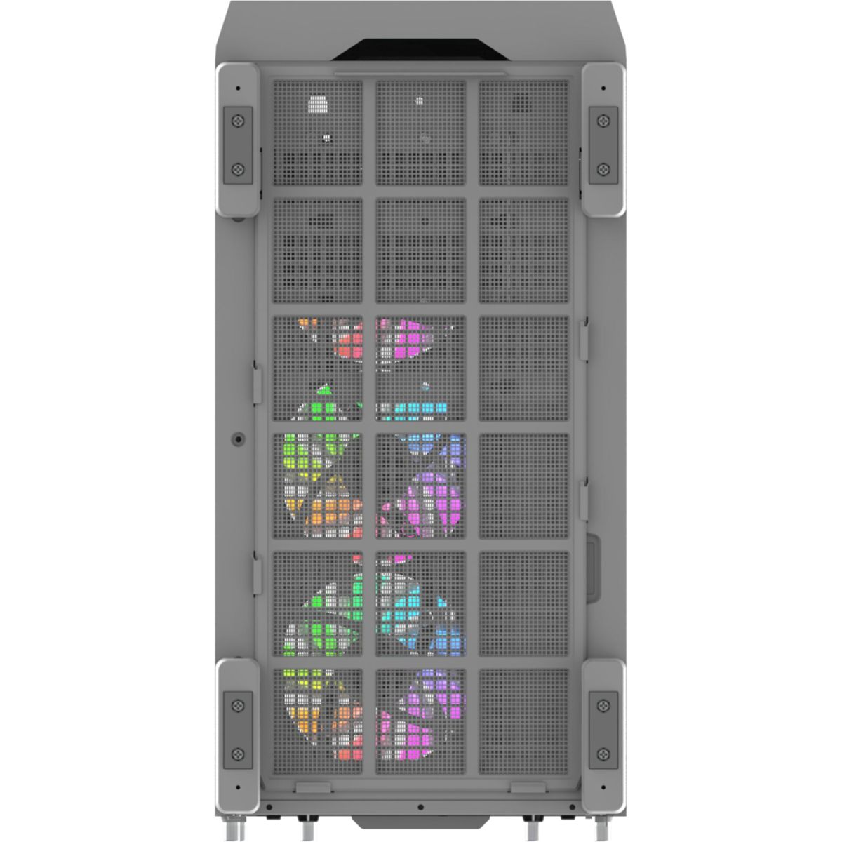 Graues PC-Gehäuse mit beleuchteten Lüftern in Regenbogenfarben, von oben gesehen.
