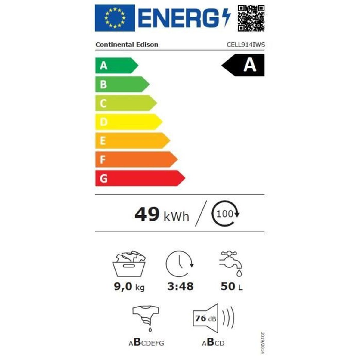 Energieeffizienzlabel: Continental Edison, Klasse A, 49 kWh/100 Zyklen, 9kg, 3:48h, 50L, 76dB.