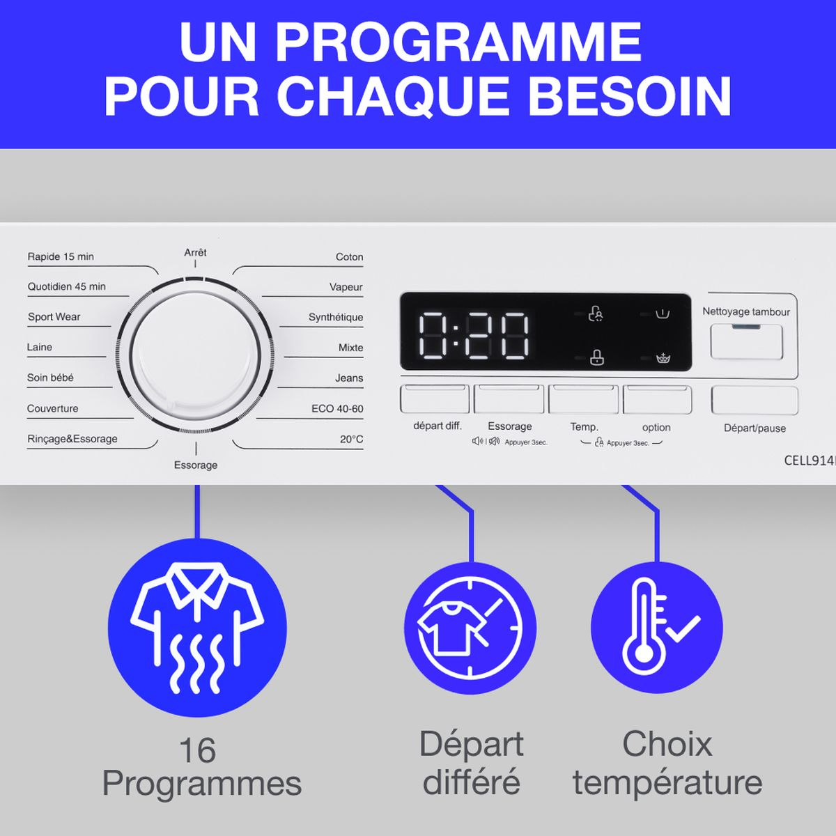 Waschmaschinenbedienfeld mit Programmwahl, Display und Symbolen für 16 Programme.