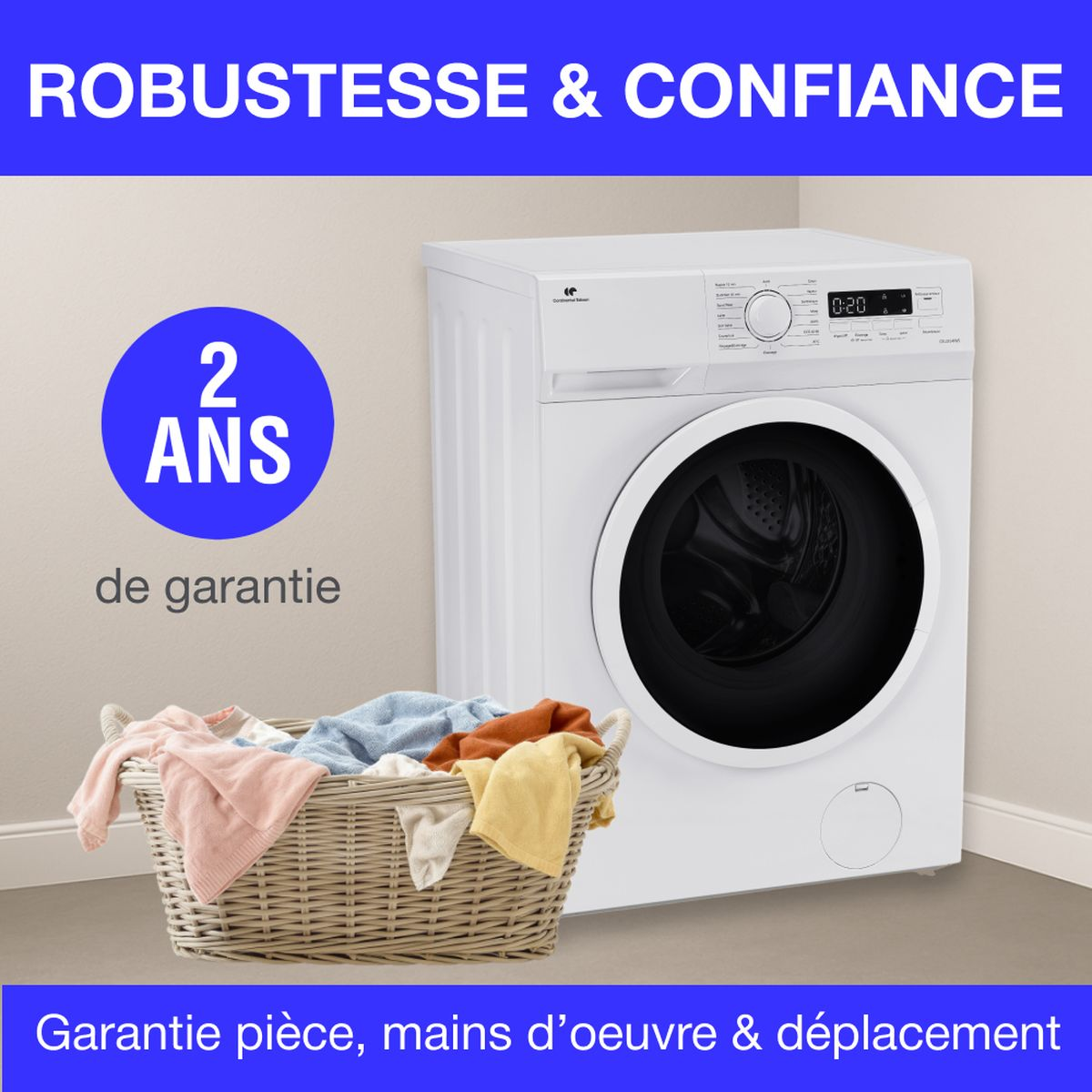 Waschmaschine mit Wäschekorb und Garantieangaben. Robustheit & Vertrauen.
