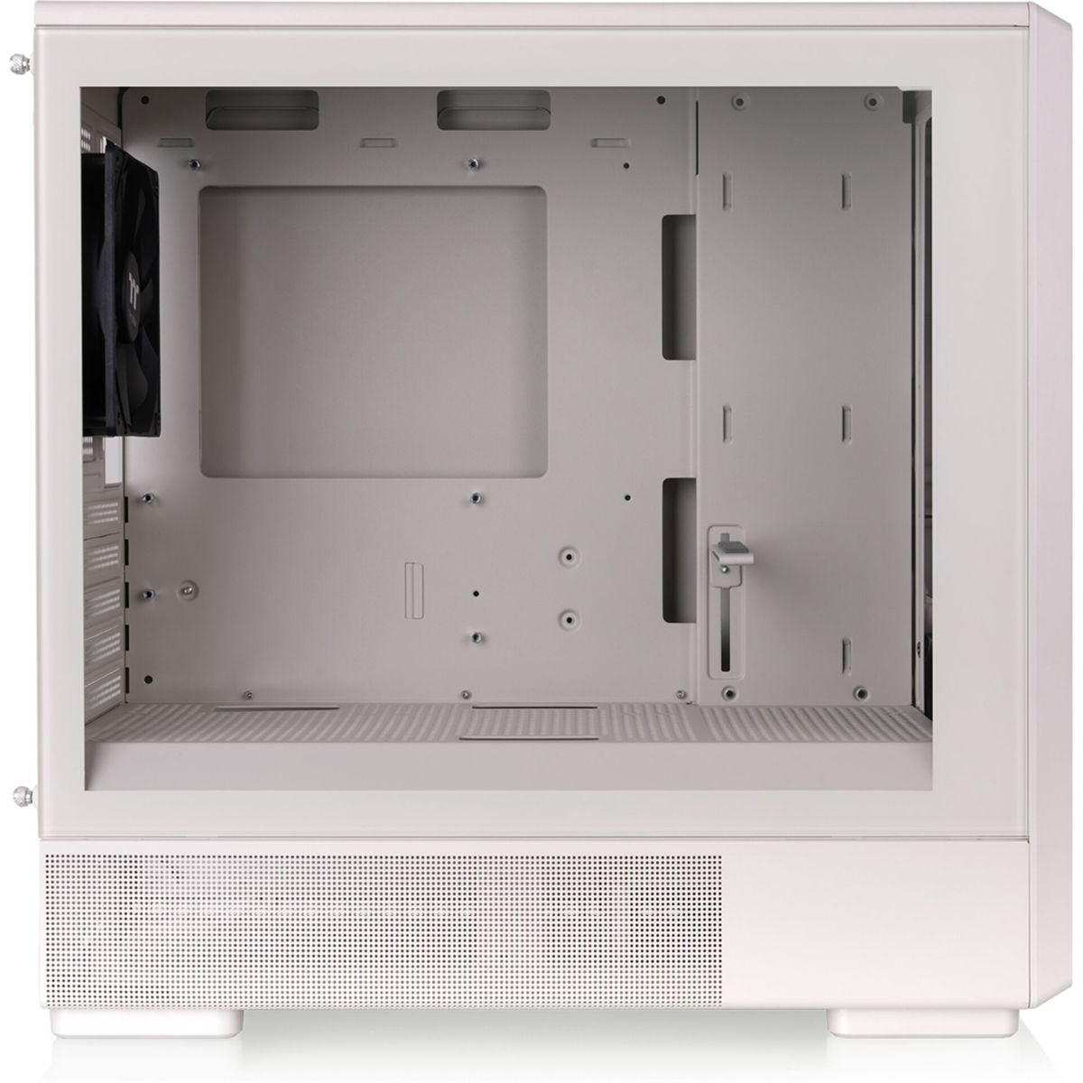 Caja de ordenador blanca con ventilador e interior abierto.