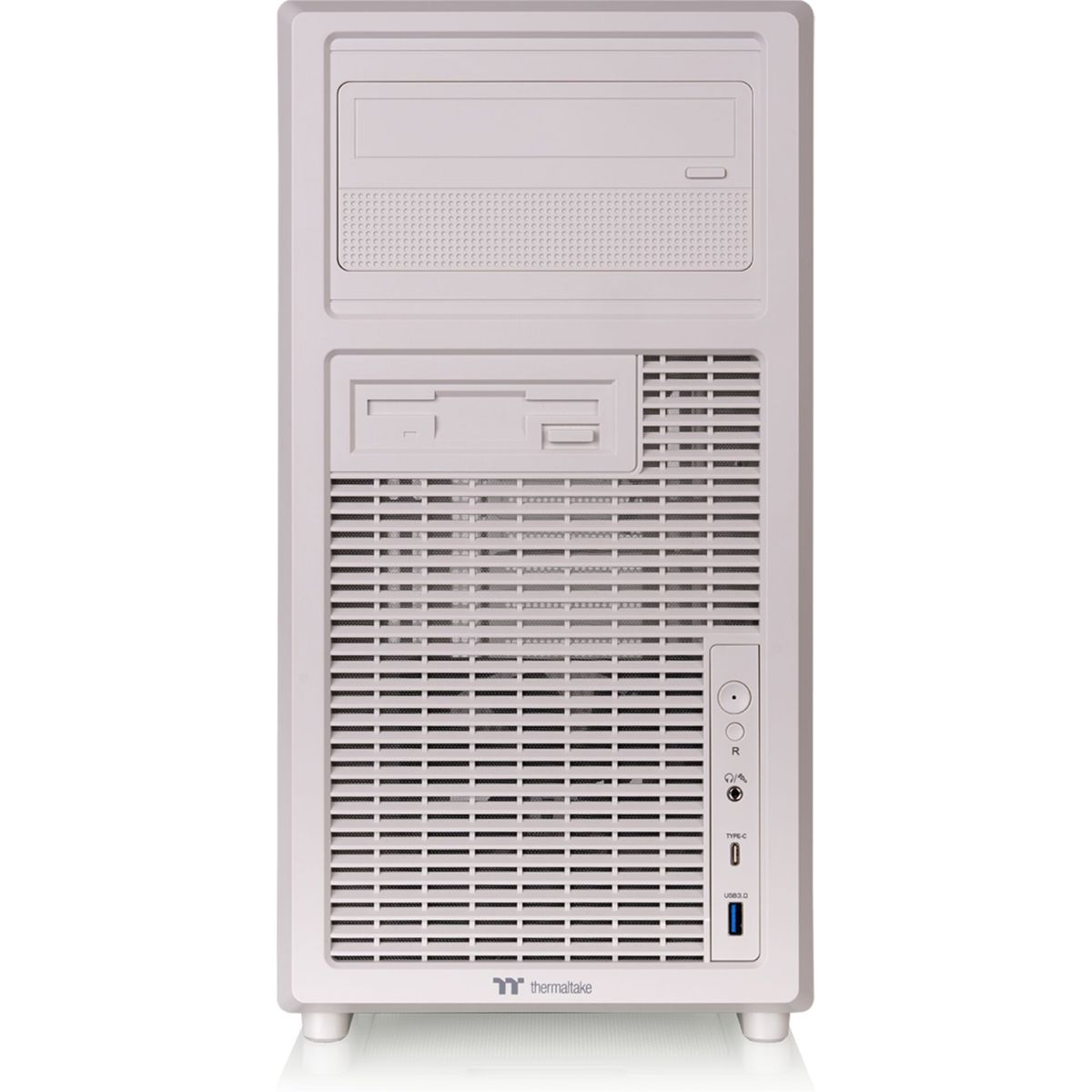 Torre de ordenador blanca con bahas, rejillas y puertos frontales como USB 3.0.