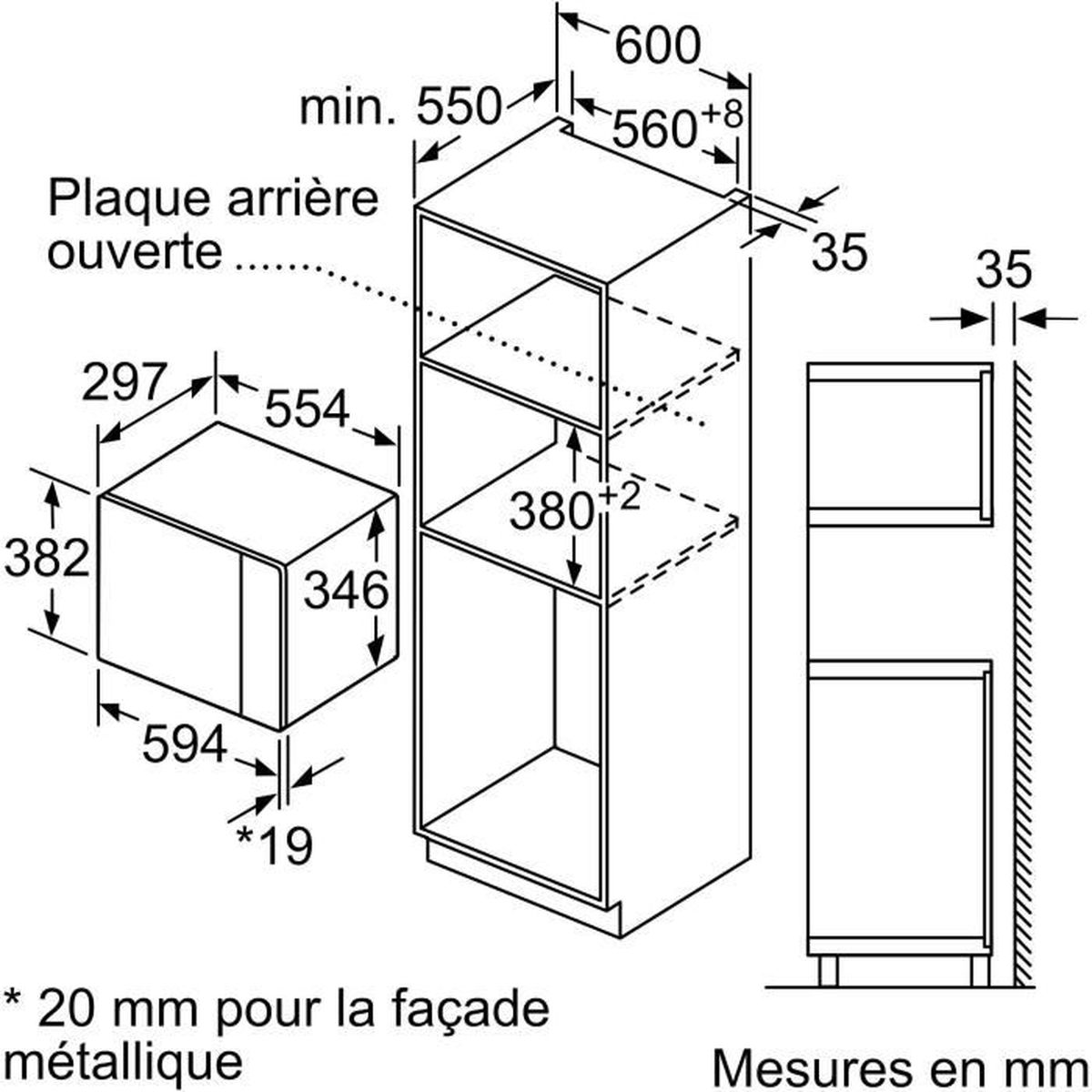 Disegno tecnico con dimensioni per elettrodomestici da incasso. Include tre viste.