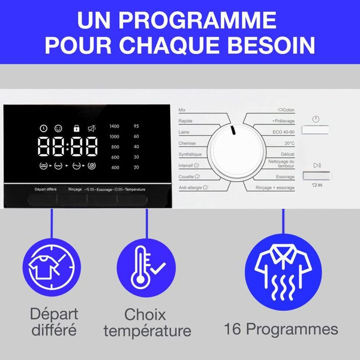 Bedienfeld einer Waschmaschine mit Programmauswahl und digitaler Anzeige.