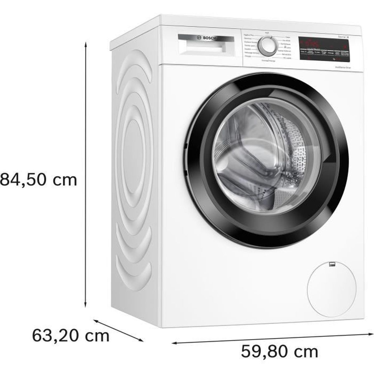 Weiße Bosch Waschmaschine mit schwarzer Tür und Display. Maße angegeben.