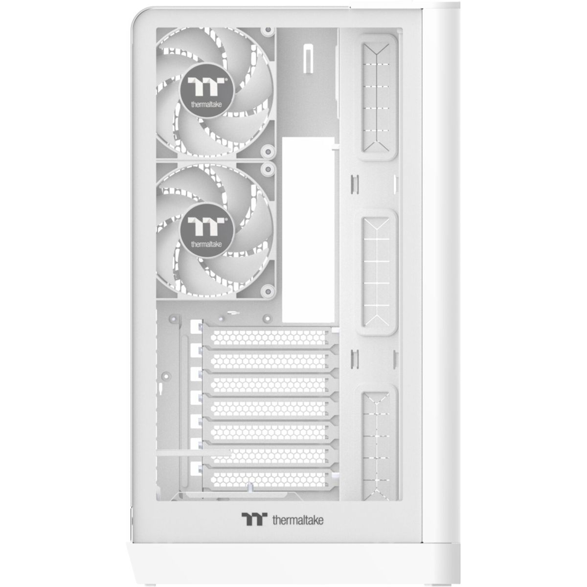 Ein weißes Computergehäuse mit zwei Lüftern und Lüftungsschlitzen.